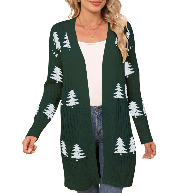 Womens Christmas Tree Pattern Long Cardigan Winter Open Front Knit Sweater